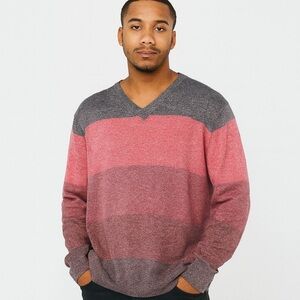 Sean John Sweater 2XL V-Neck Pullover 100% Cotton Gray Pink Colorblock Stripe